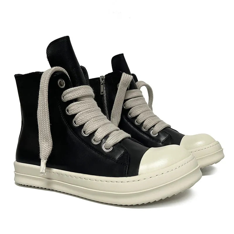 Men's black high-top leather sneakers with side zip, platform sole, and visible stitching details.