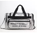 Large grey PU leather sports handbag with letter detailing, shown with compartments open