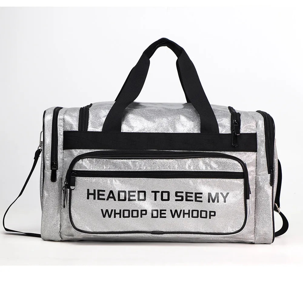 Large grey PU leather sports handbag with letter detailing, shown with compartments open