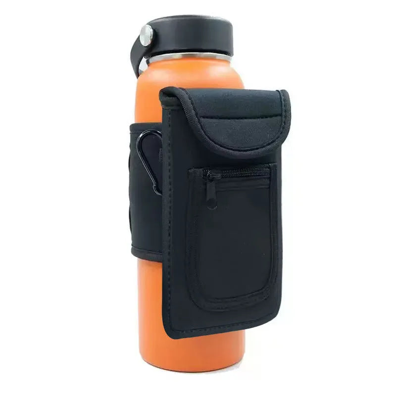 Magnetic fitness cup sleeve with carabiner clip attached to backpack, holding large sports bottle