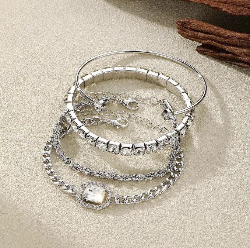 Retro geometric women's alloy bracelet set with square diamond charms in gold or silver metal chain design
