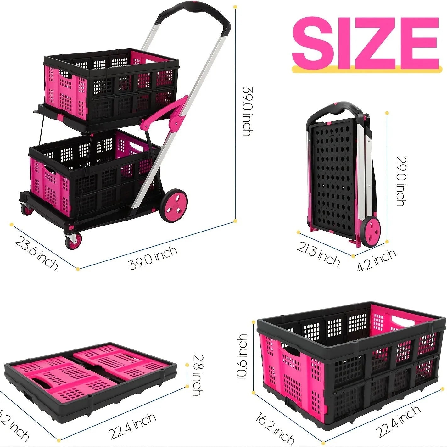 Foldable double basket shopping cart in blue, showing its two-layer design and collapsible frame.