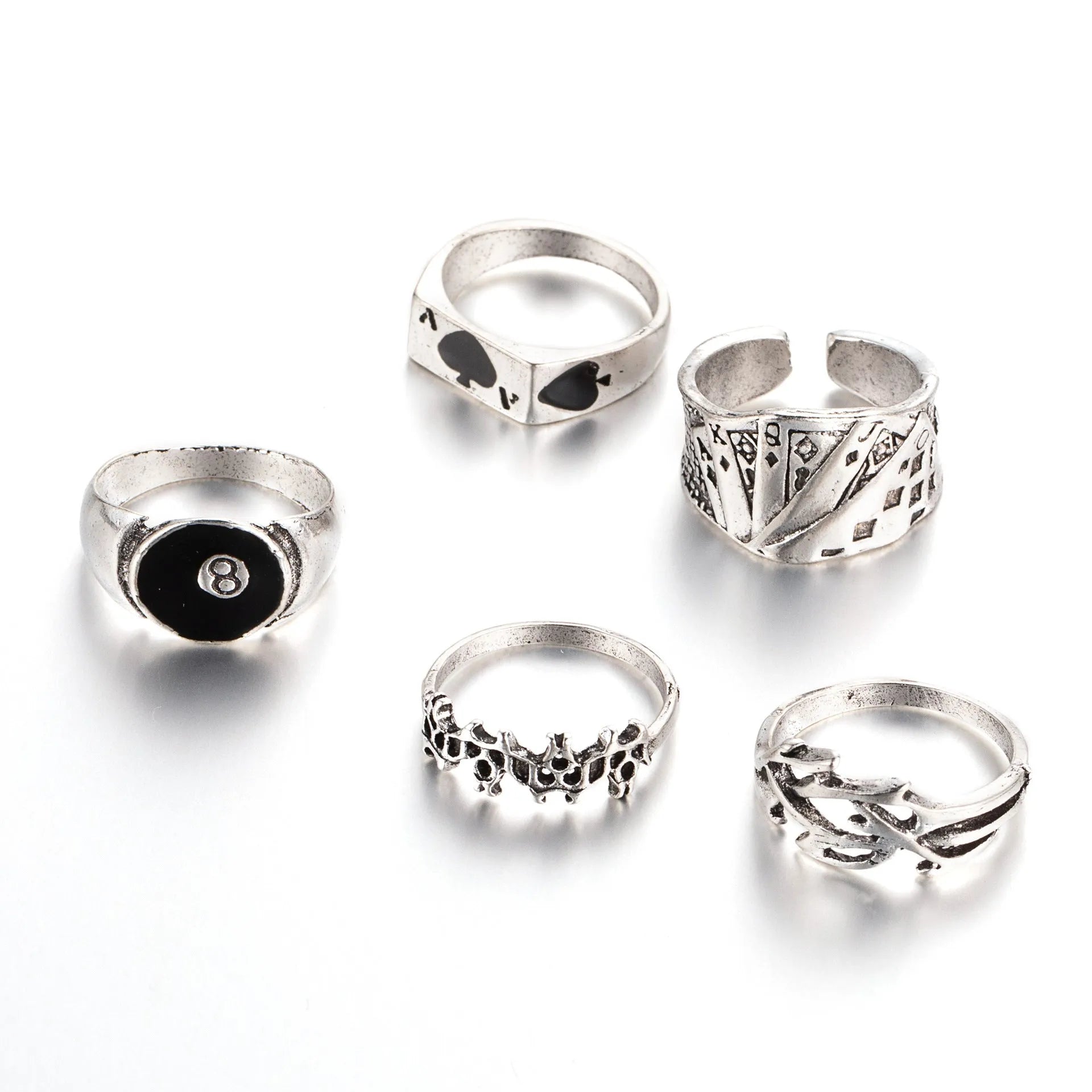 Black alloy poker ring with retro spade design, adjustable sizing for women
