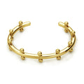 C-shaped stainless steel jewellery beads with rivet texture in gold, steel, and steel gold colours.