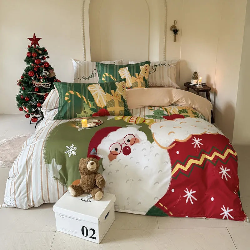 Christmas cartoon printed four-piece bedding set showing gingerbread man pattern on super soft washed cotton material