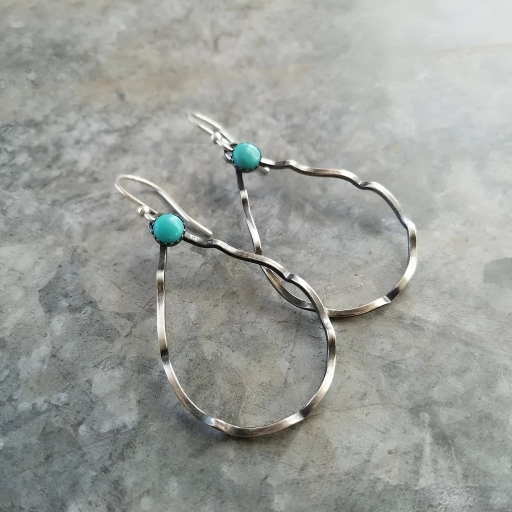 Turquoise circle geometric earrings with antique silver finish and bohemian vintage style