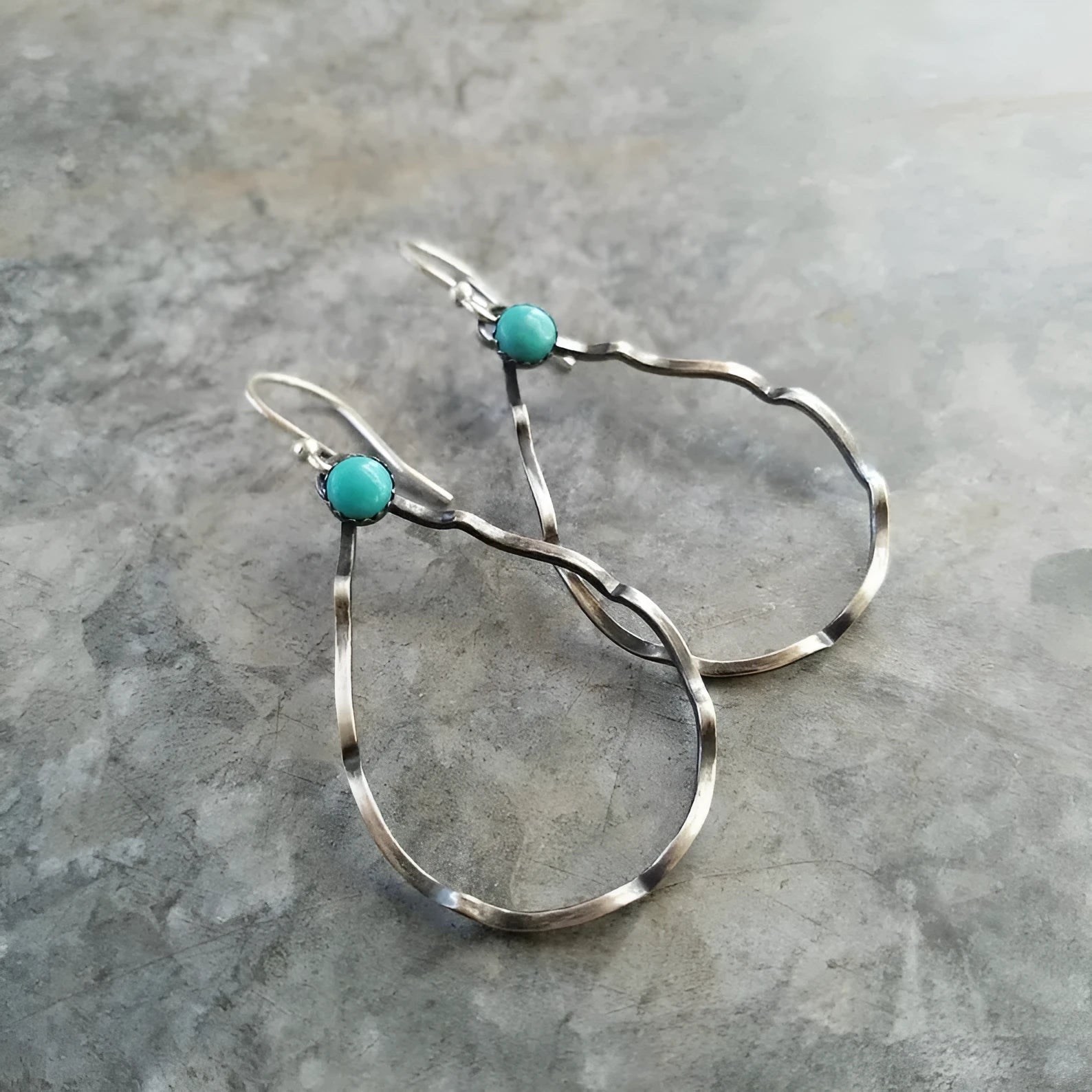 Turquoise circle geometric earrings with antique silver finish and bohemian vintage style