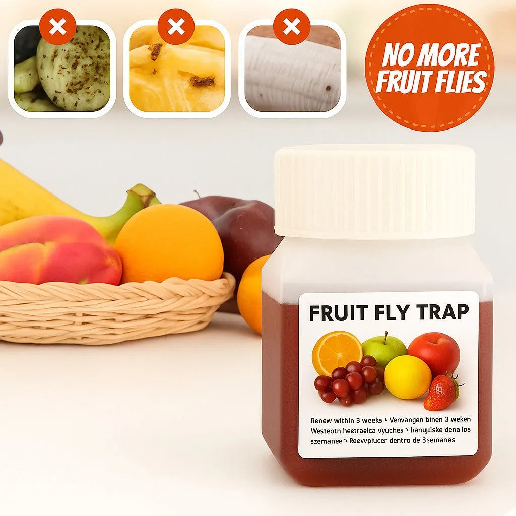 90ml bottle of SK003 fruit fly bait liquid on a kitchen counter near a fruit bowl.