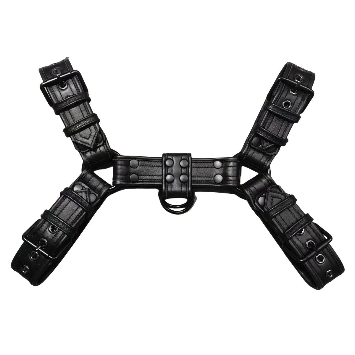 Black leather chest bondage strap with metal buckle adjustment for adult muscle harness