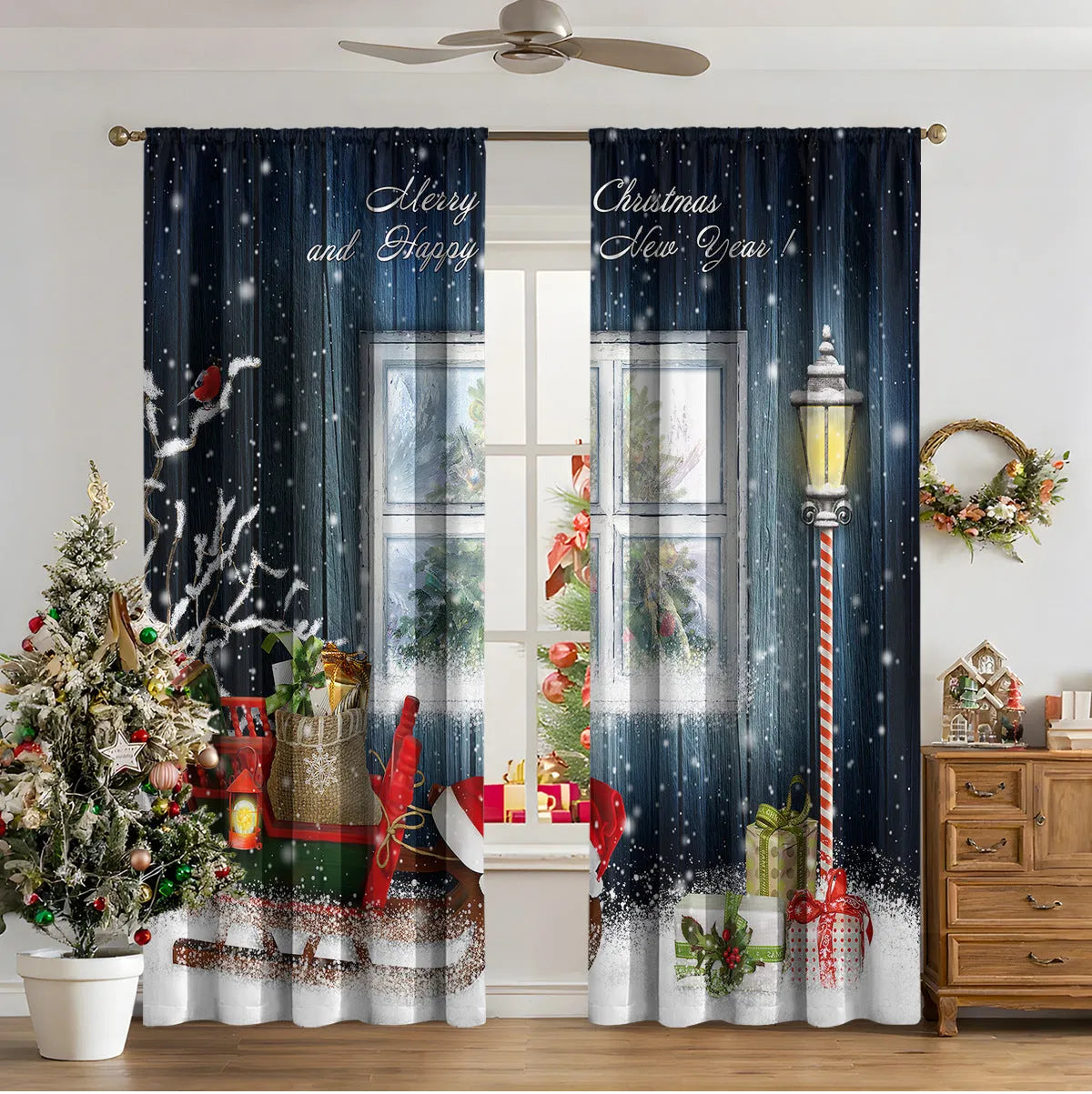 3D digital printed Christmas curtains in European colour designs with high sunshade function