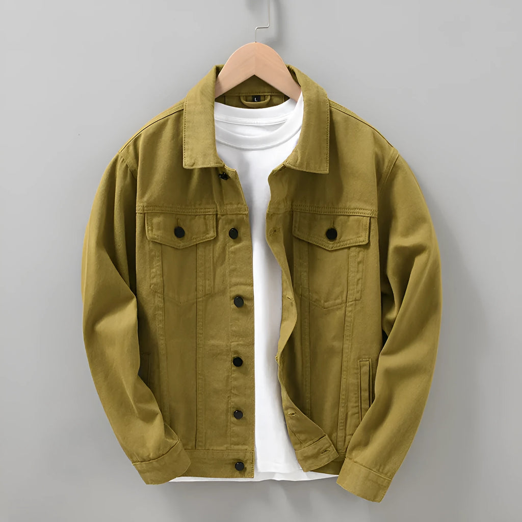 Men's Japanese style denim jacket shirt in solid apricot, black, or dark army colour, sizes M to XXXL, no hood