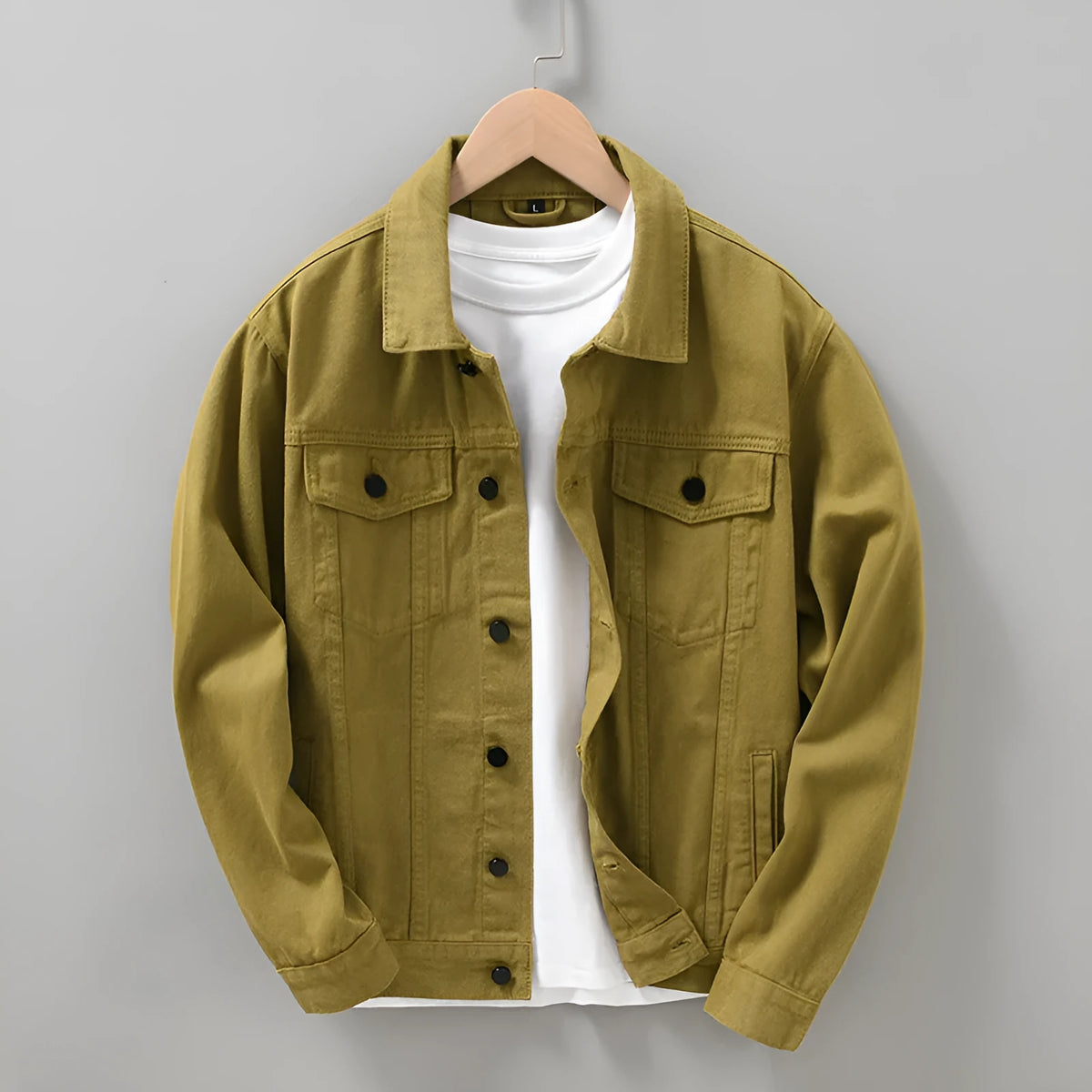 Men's Japanese style denim jacket shirt in solid apricot, black, or dark army colour, sizes M to XXXL, no hood