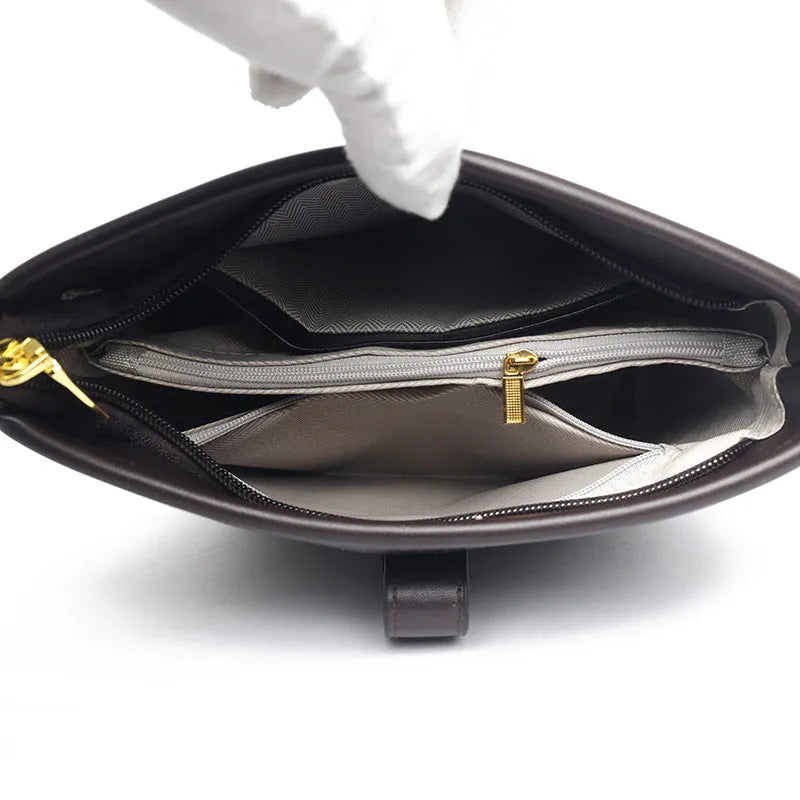 Korean style soft PU leather bucket bag with interior organisation compartments and double shoulder straps