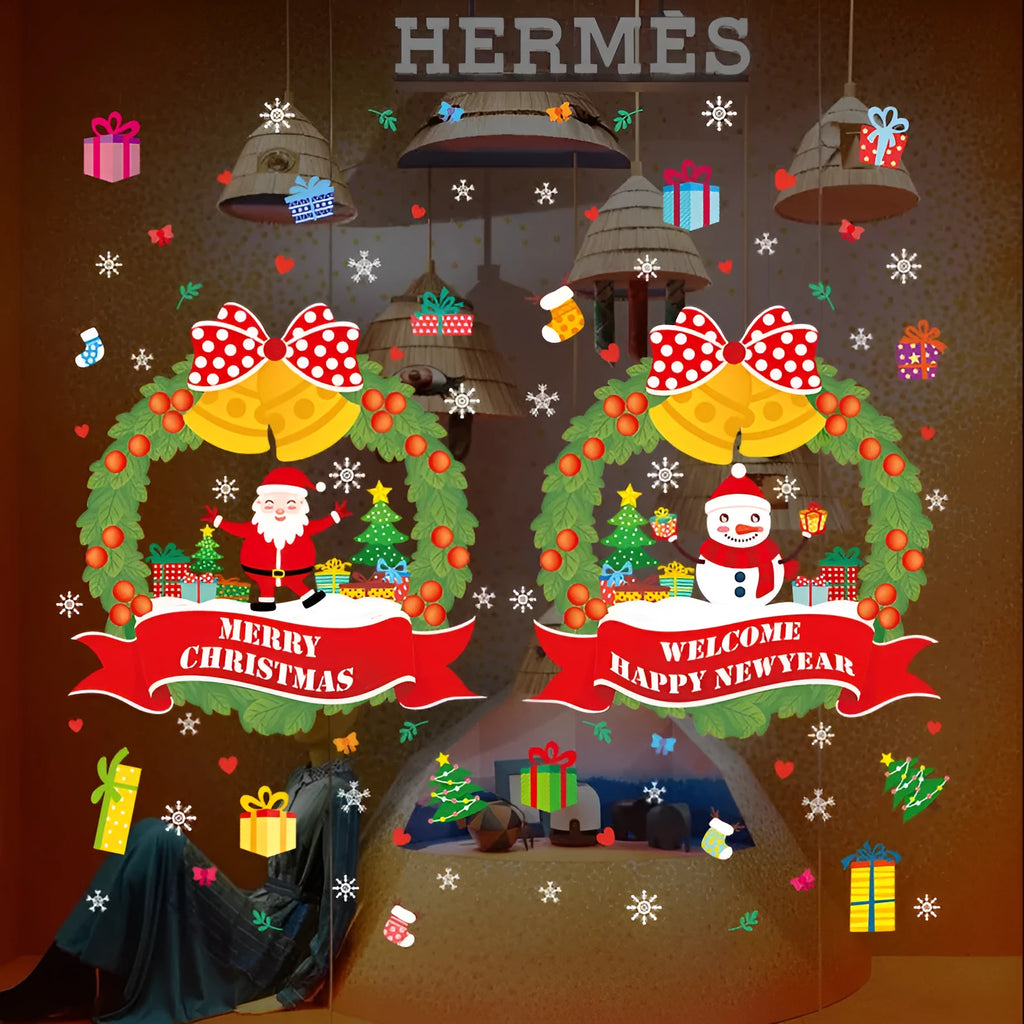 Two large colourful cartoon Christmas static cling wall stickers on a glass window