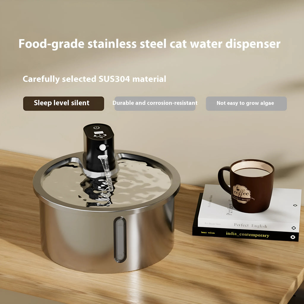 Stainless steel pet water fountain with constant temperature heating base in black and white colour options