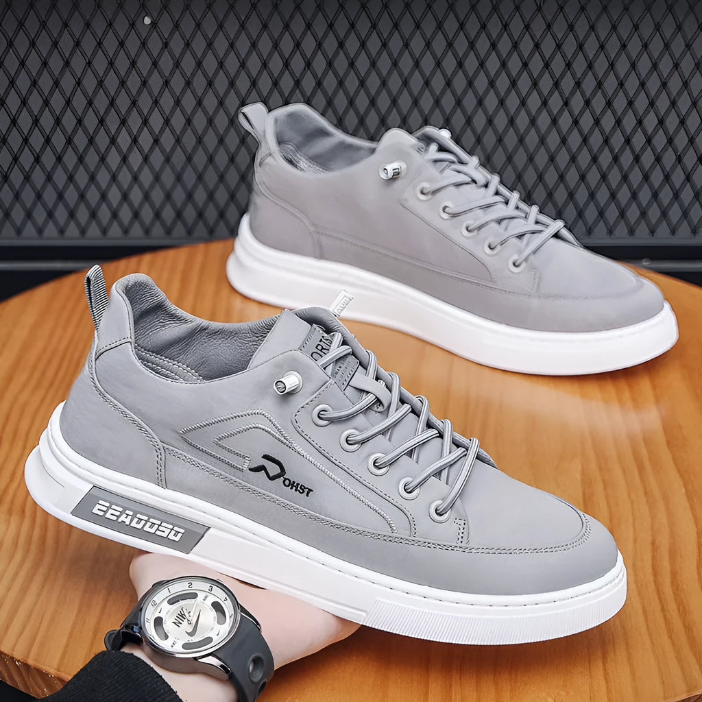 Grey men's canvas lace-up casual shoes with leather lining and rubber sole