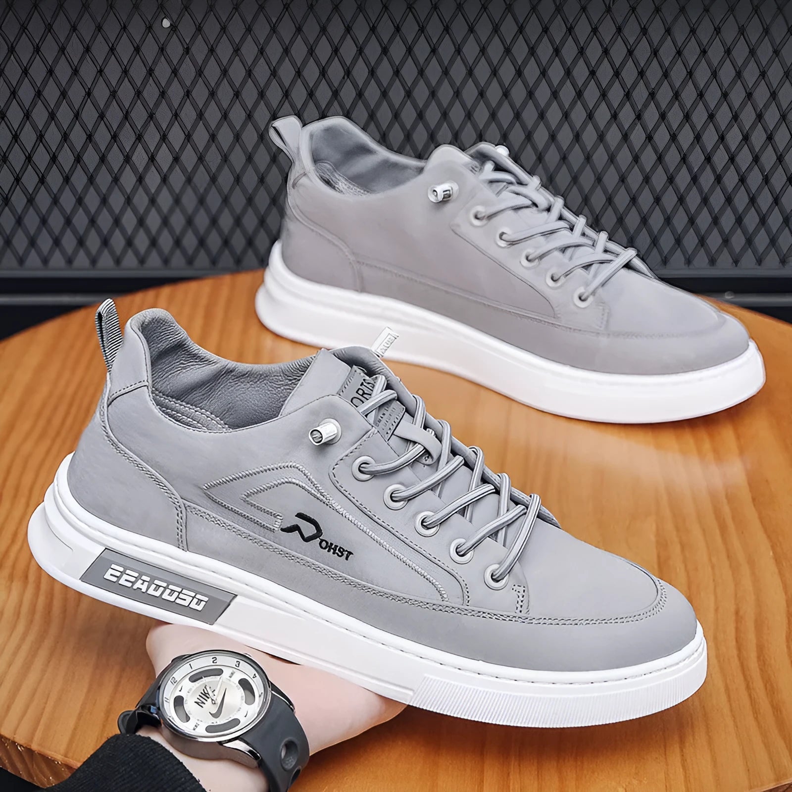 Grey men's canvas lace-up casual shoes with leather lining and rubber sole