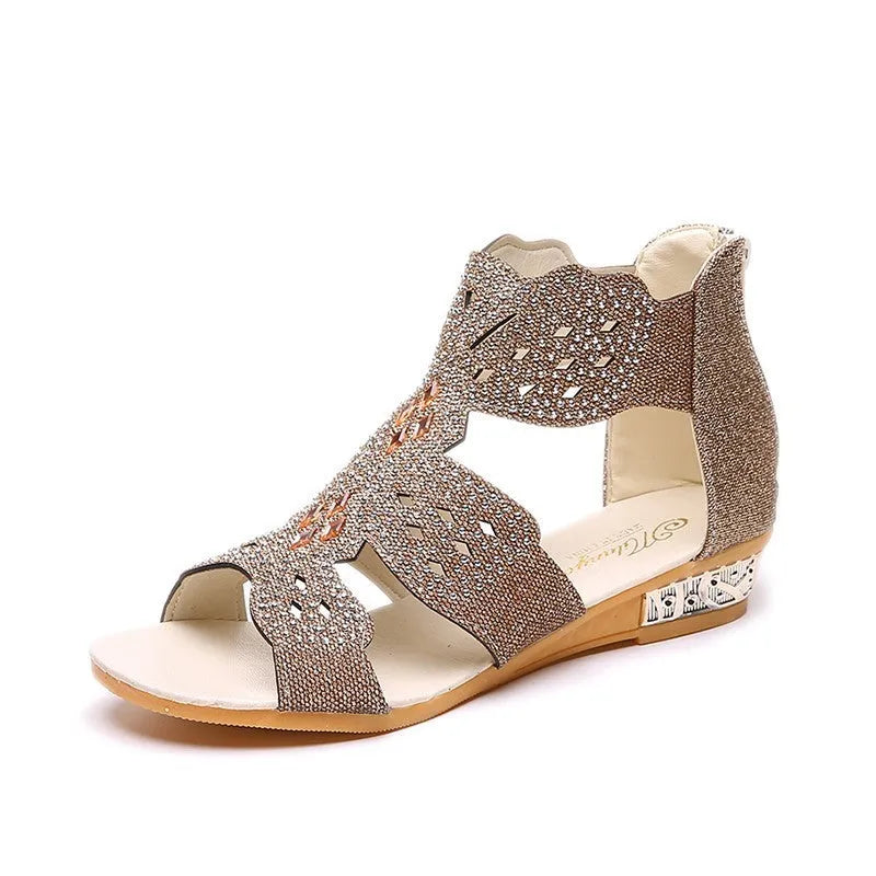 Women's flat open toe sandals with rhinestone and hollow detail, PU upper, back zipper, in black, beige, or gold.