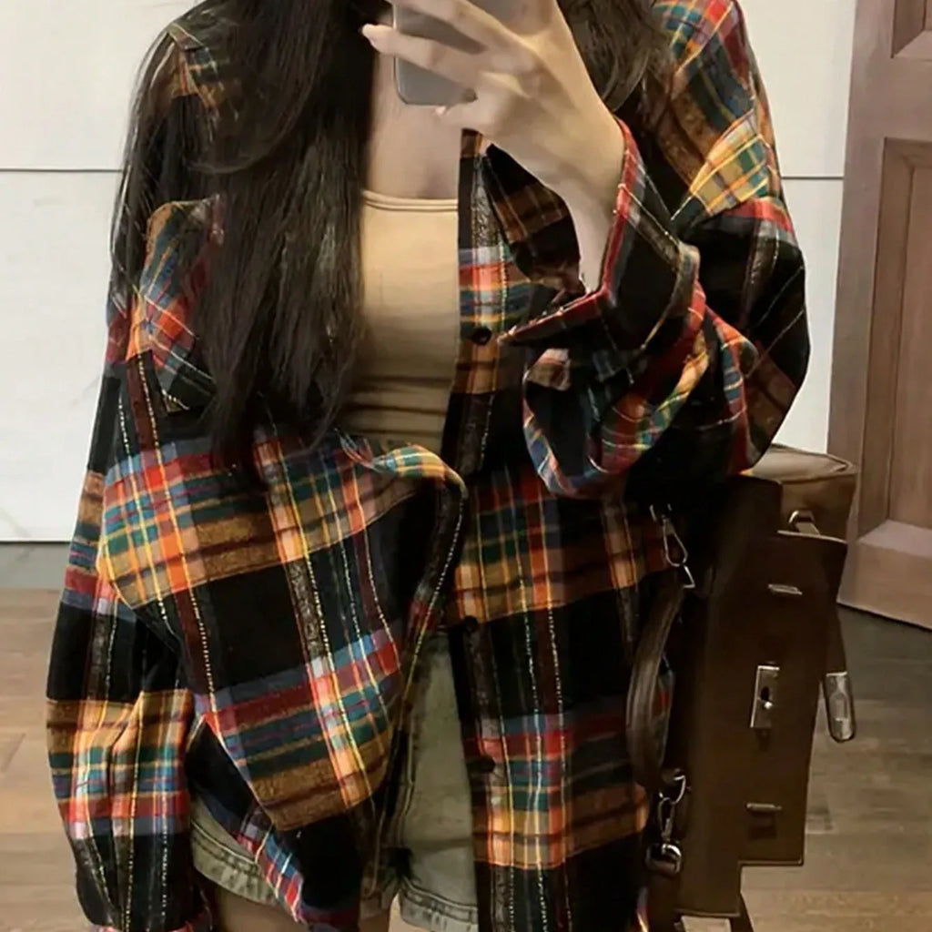 Women's loose-fitting retro plaid shirt in black, green, or purple cotton fabric.