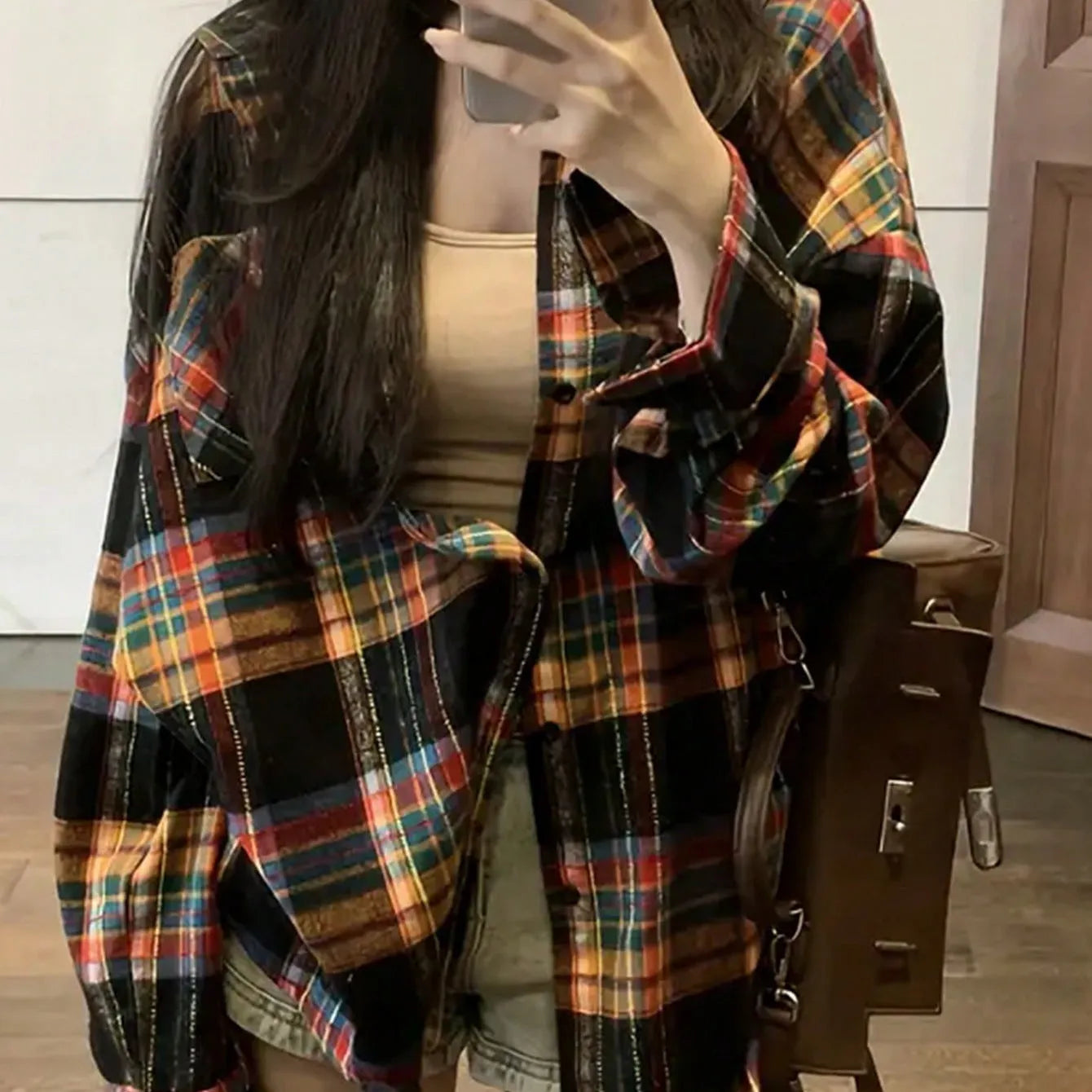 Women's loose-fitting retro plaid shirt in black, green, or purple cotton fabric.