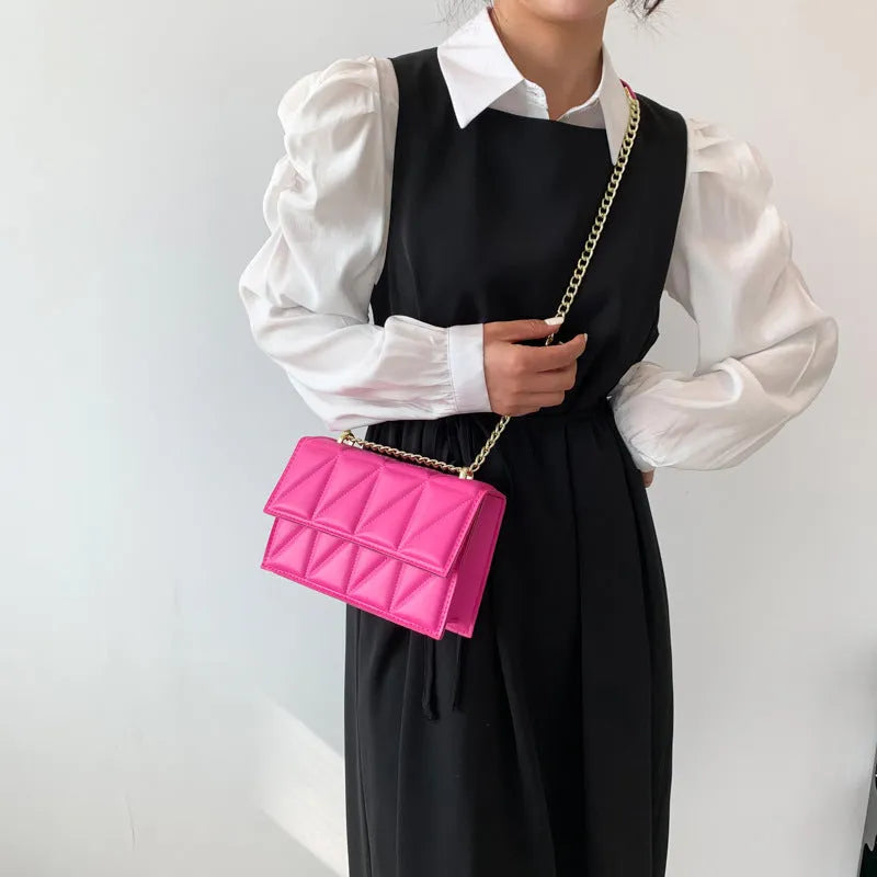 Small square PU crossbody bag with chain strap, 22cm wide, in white black green rose red or orange