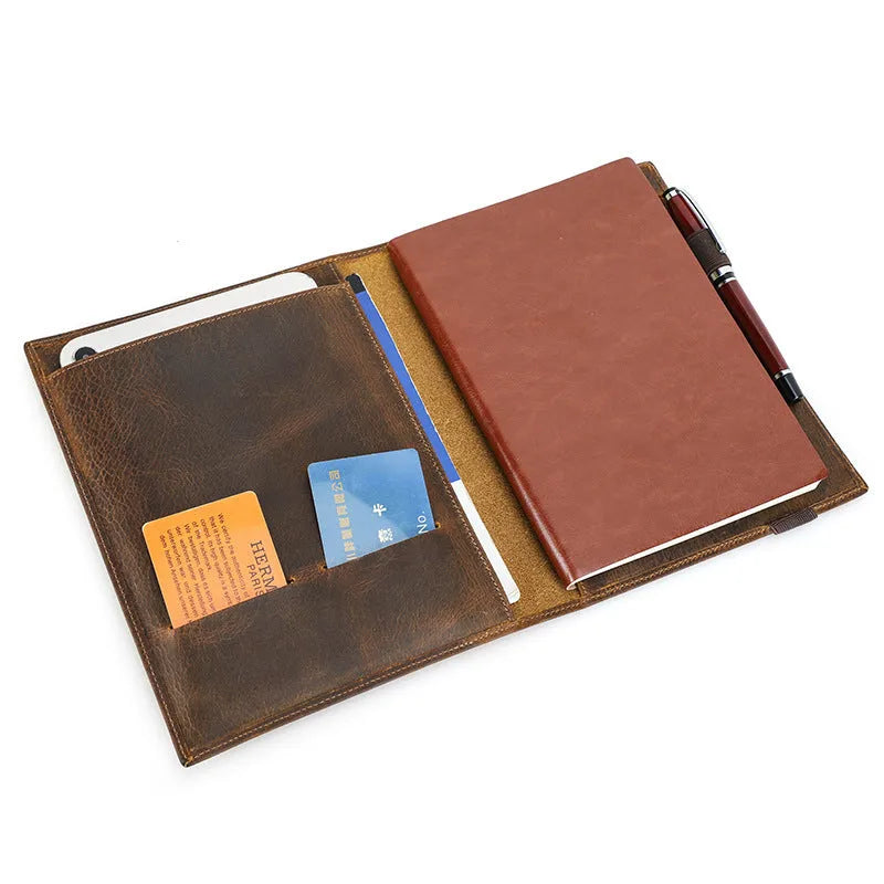 Brown Crazy Horse leather A5 notebook protective sleeve with socket fastening
