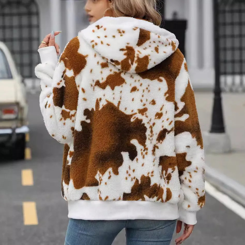 Yellow brown cow print hooded cardigan jacket with full front zipper.