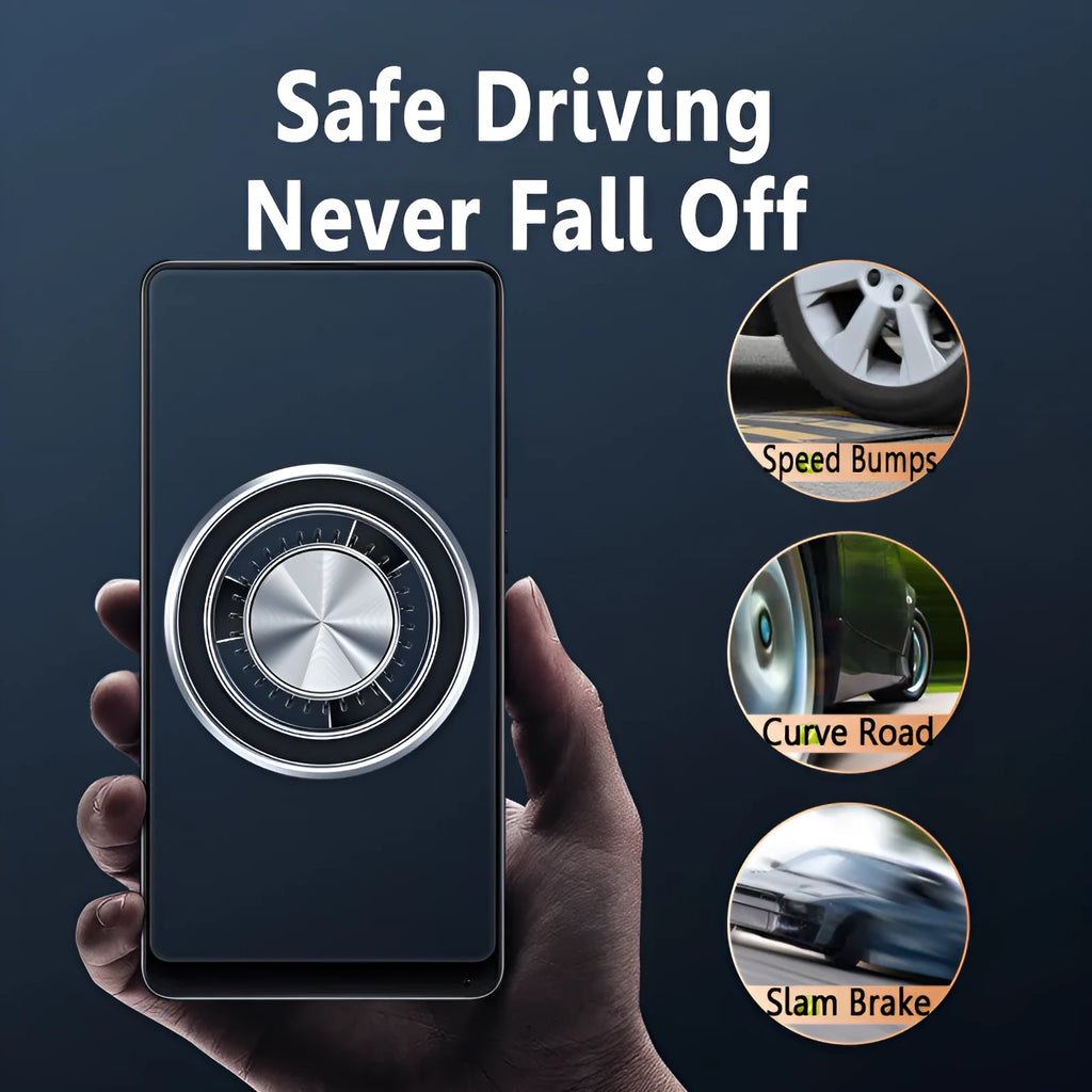 Silver magnetic car phone holder mounted on vehicle air vent with smartphone attached