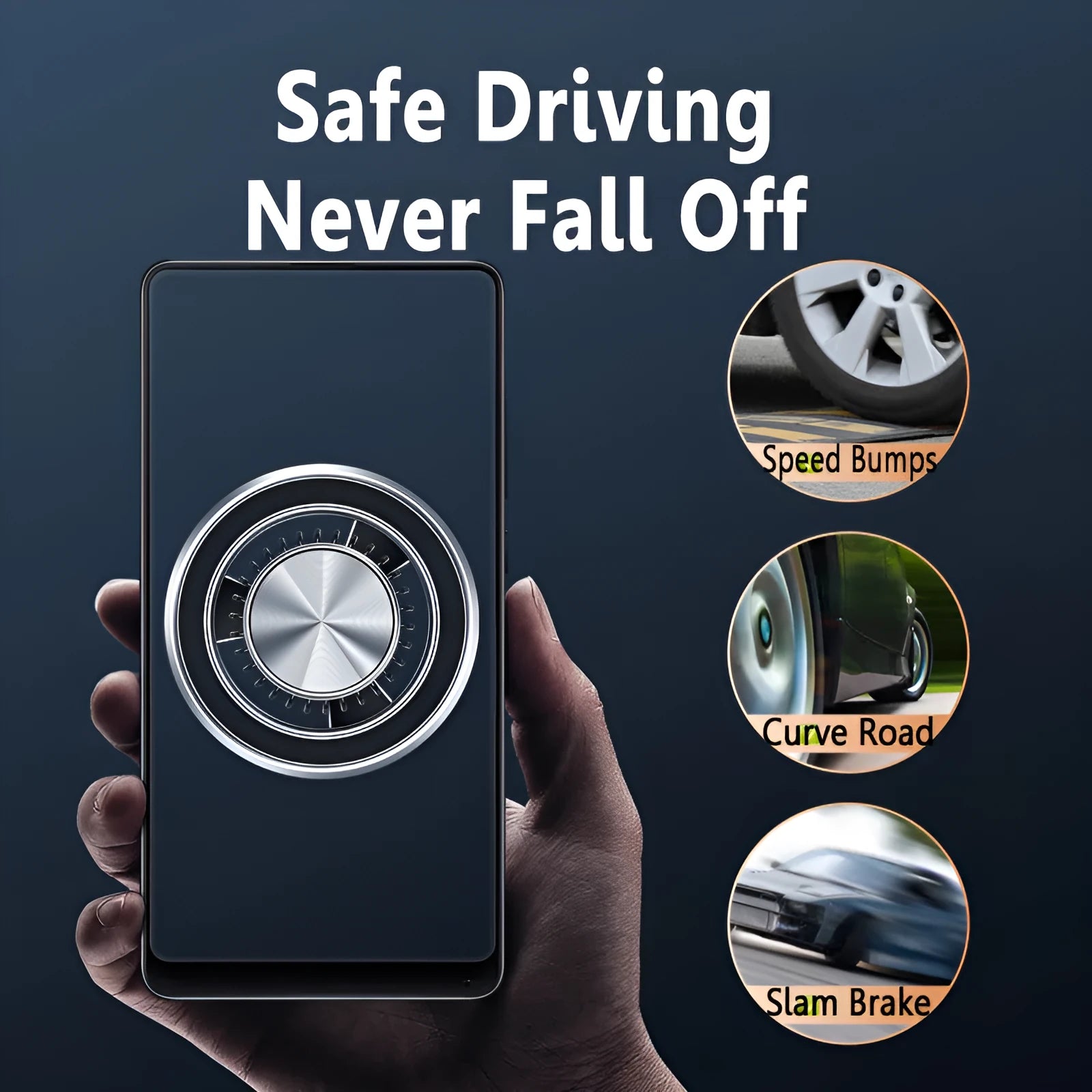 Silver magnetic car phone holder mounted on vehicle air vent with smartphone attached