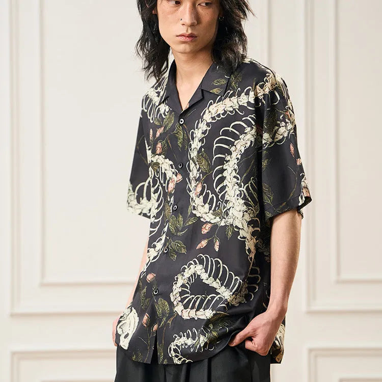 Short sleeve Cuban collar shirt with snake bone and flower pattern print in loose fit cardigan style