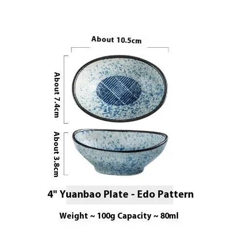 Japanese ceramic oval sauce dipping bowl with decorative pattern