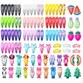 100-piece assortment of candy-colour hair clips with animal, fruit, crown, and star designs featuring metal snap fastenings