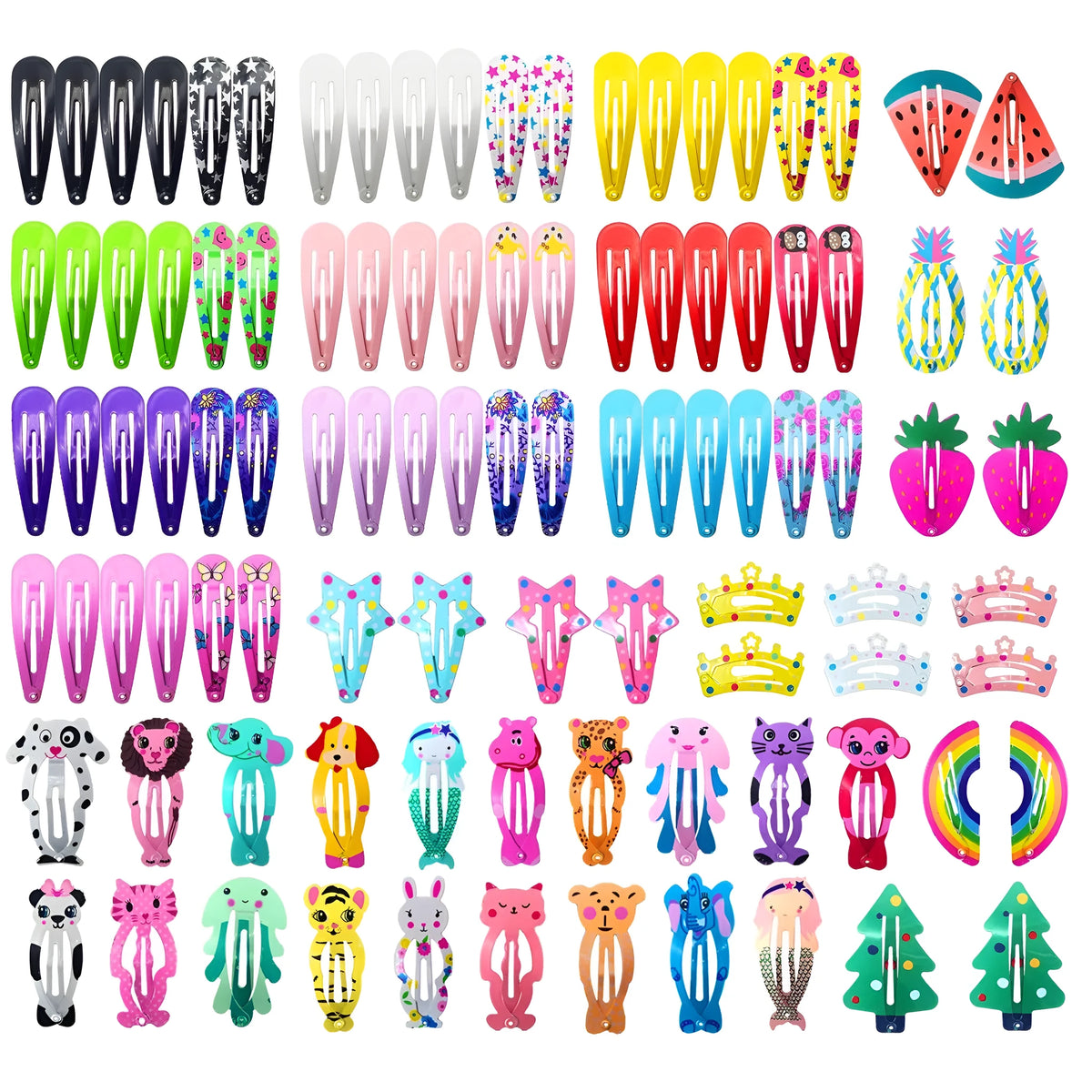 100-piece assortment of candy-colour hair clips with animal, fruit, crown, and star designs featuring metal snap fastenings