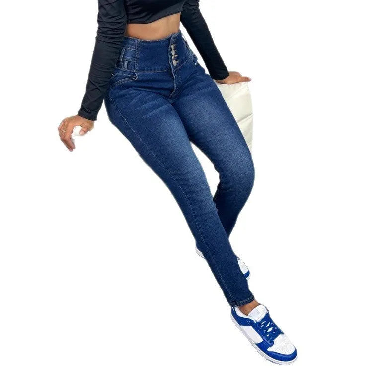 Women's dark blue straight-leg denim jeans with a breasted waist button detail.