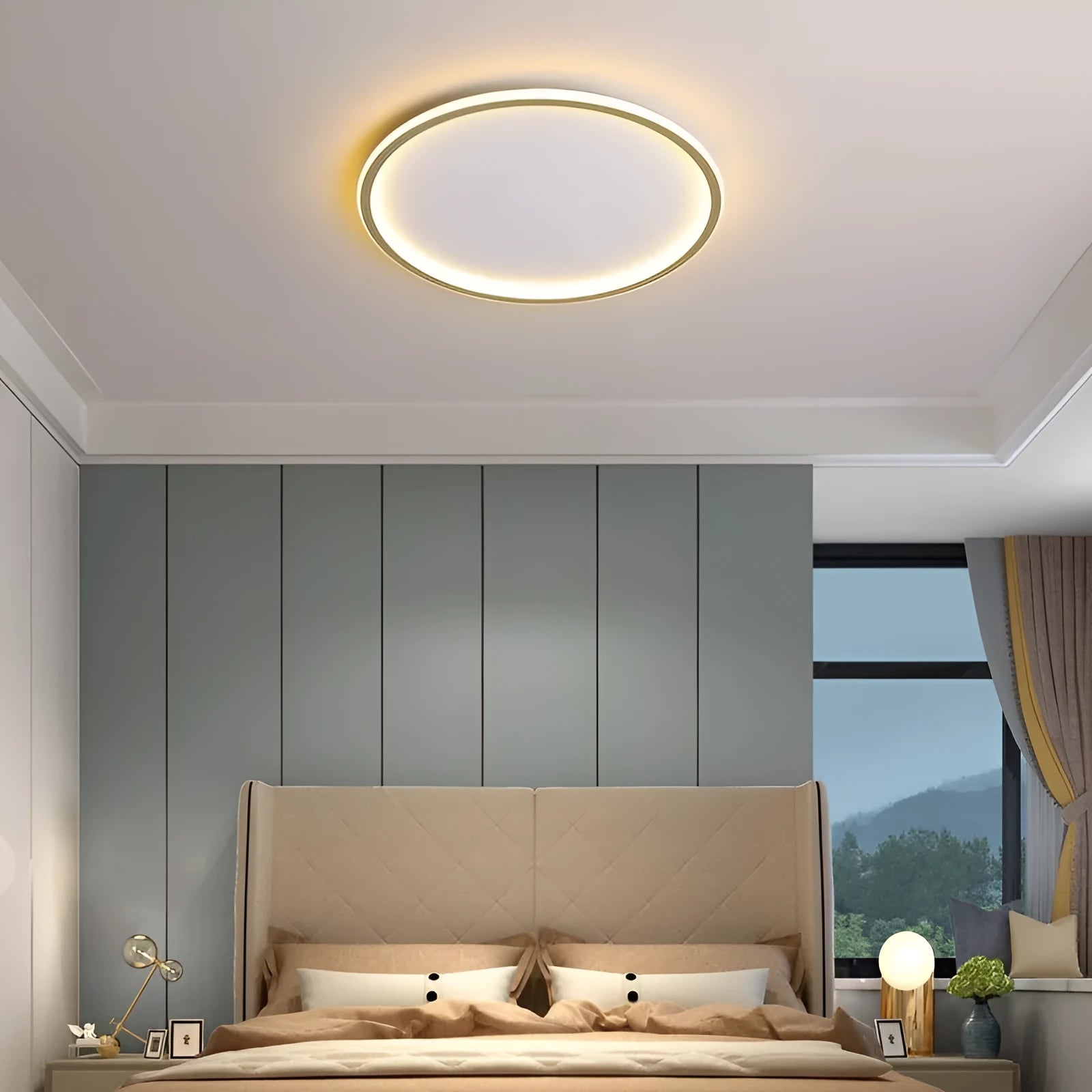 Modern minimalist black ceiling lamp with LED lights and dimming control on a bedroom ceiling.