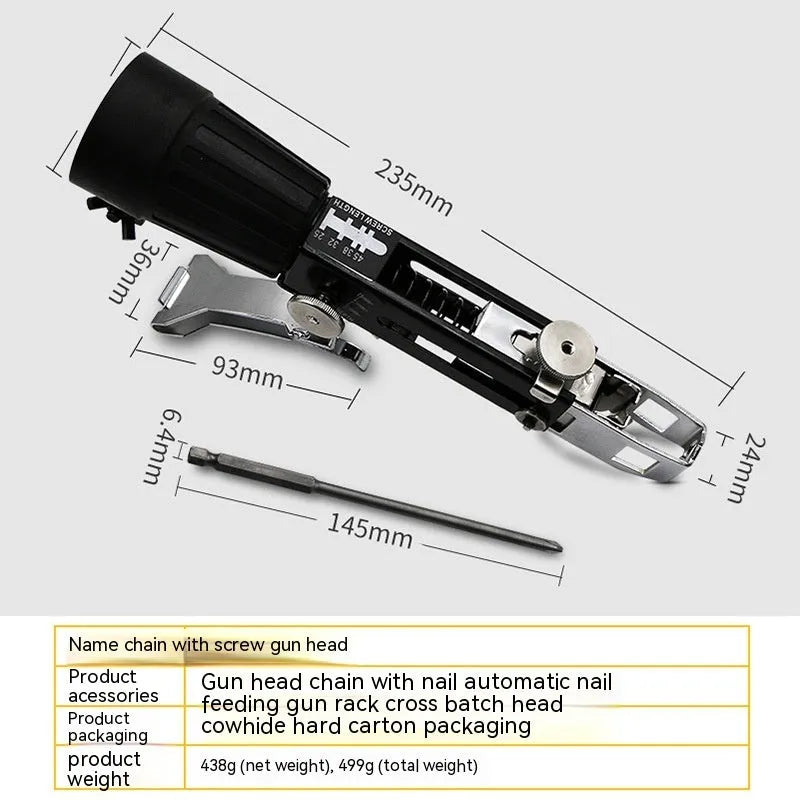 Metal chain screw gun head attachment for electric screwdrivers with storage rack and accessories