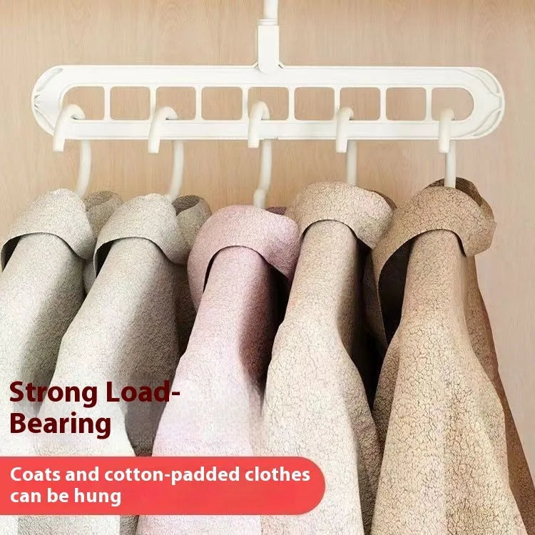 Modern plastic nine-hole folding hanger for trousers in green, blue, pink, beige, or grey.