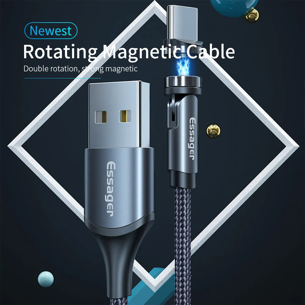 Essager black braided magnetic charging cable with blue LED light, showing 360-degree rotating connector.