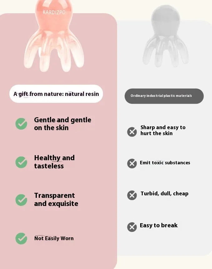 Pink natural resin octopus massage comb for periocular meridian stimulation with storage bag