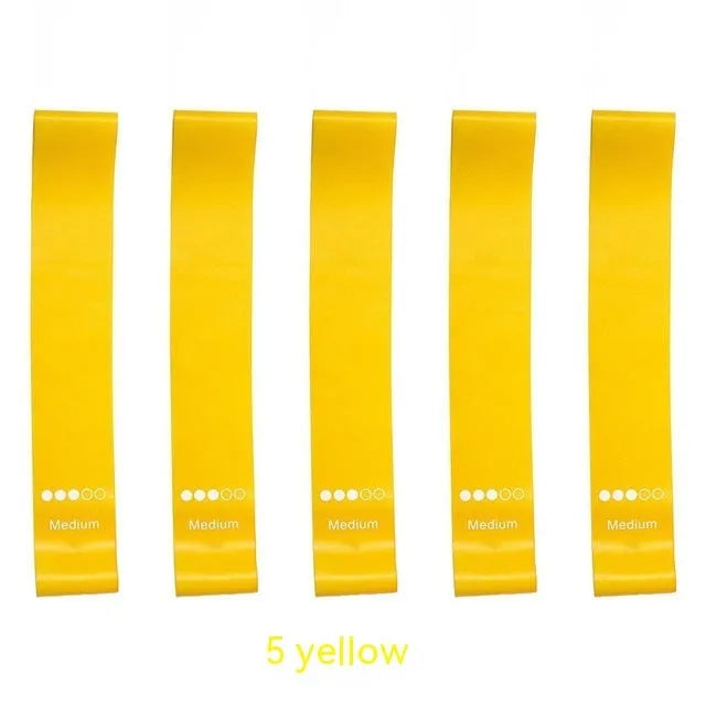 Set of five colour-coded yoga resistance straps with force marks and five plain TPE straps.
