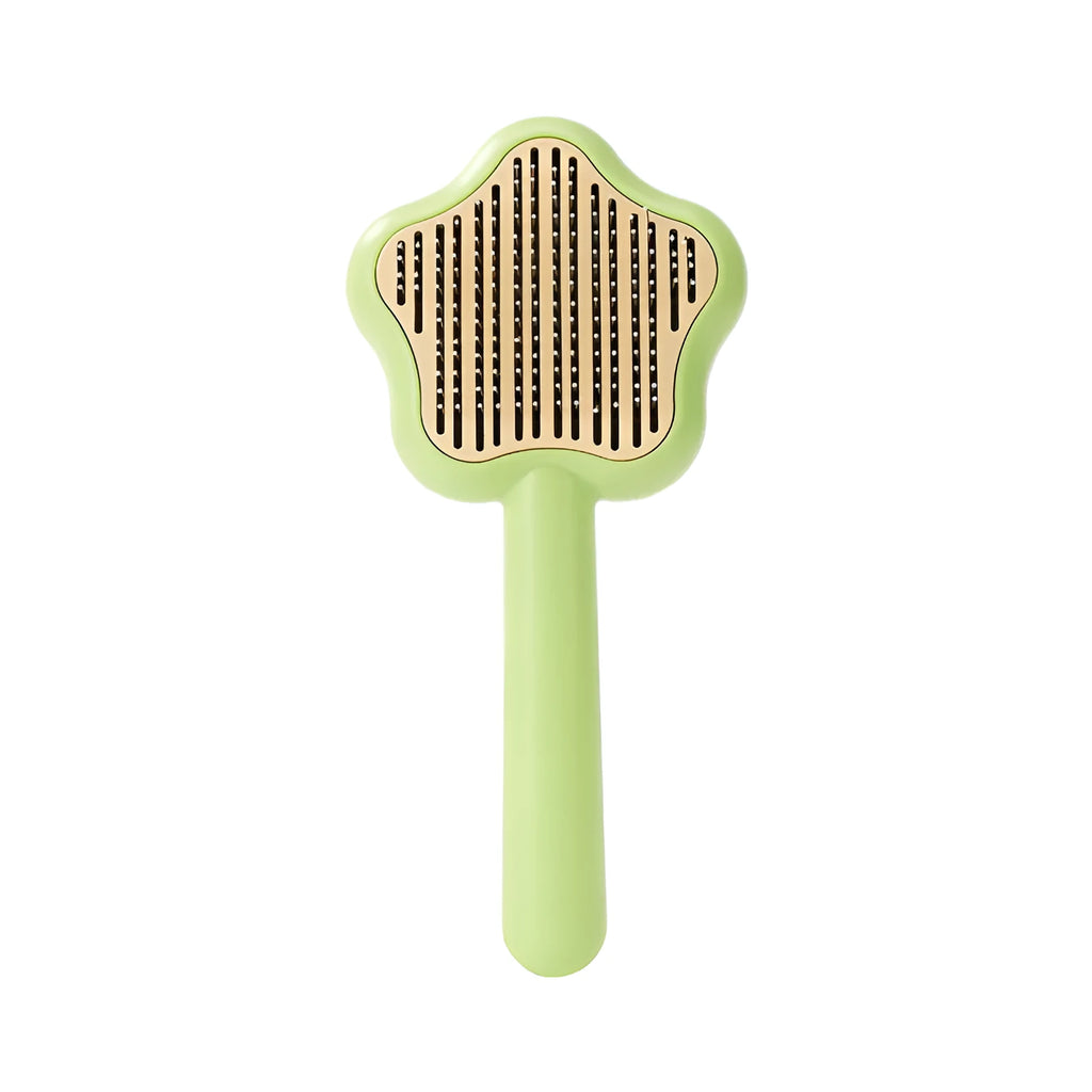 Self-cleaning cat grooming comb with stainless steel needle teeth in green colour option