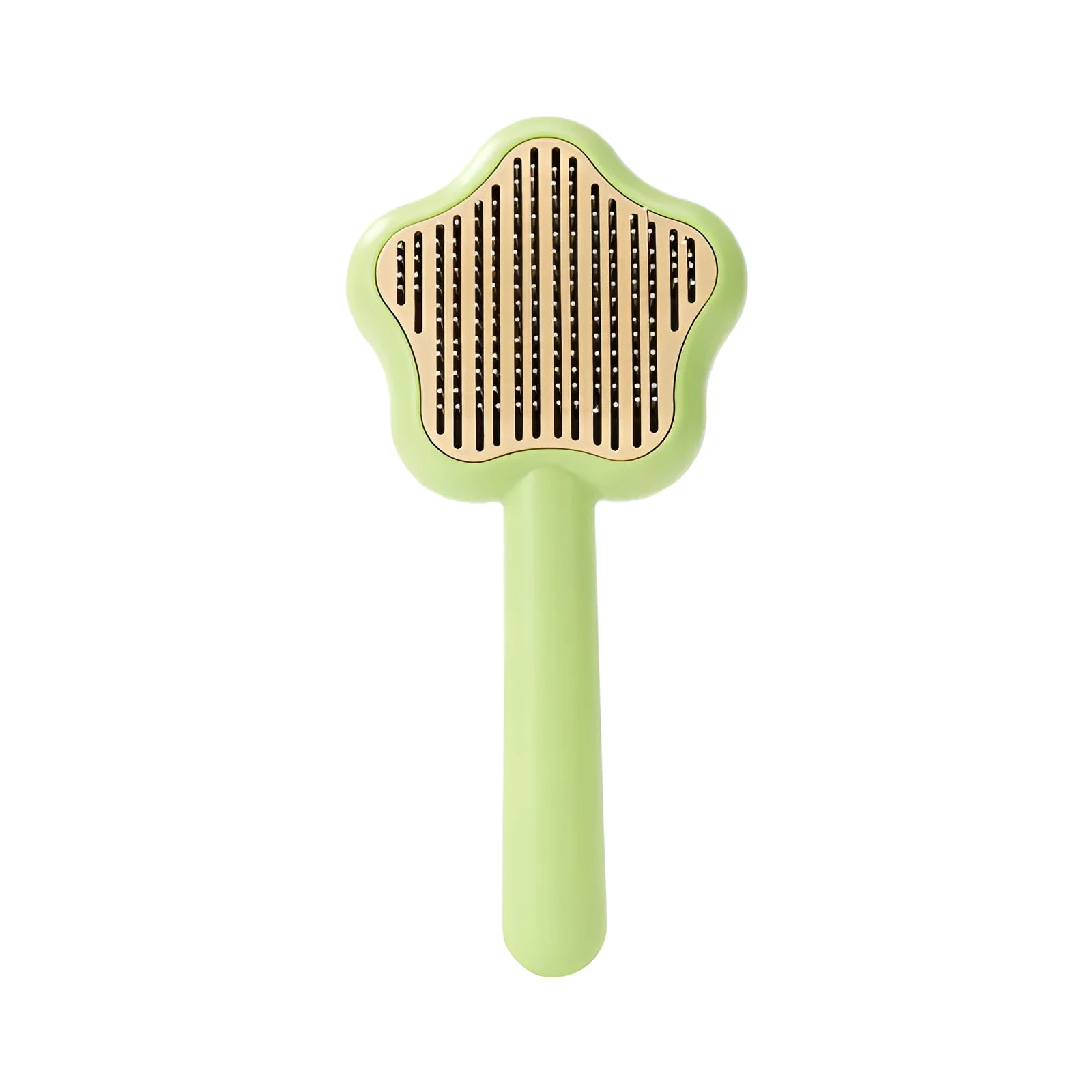 Self-cleaning cat grooming comb with stainless steel needle teeth in green colour option