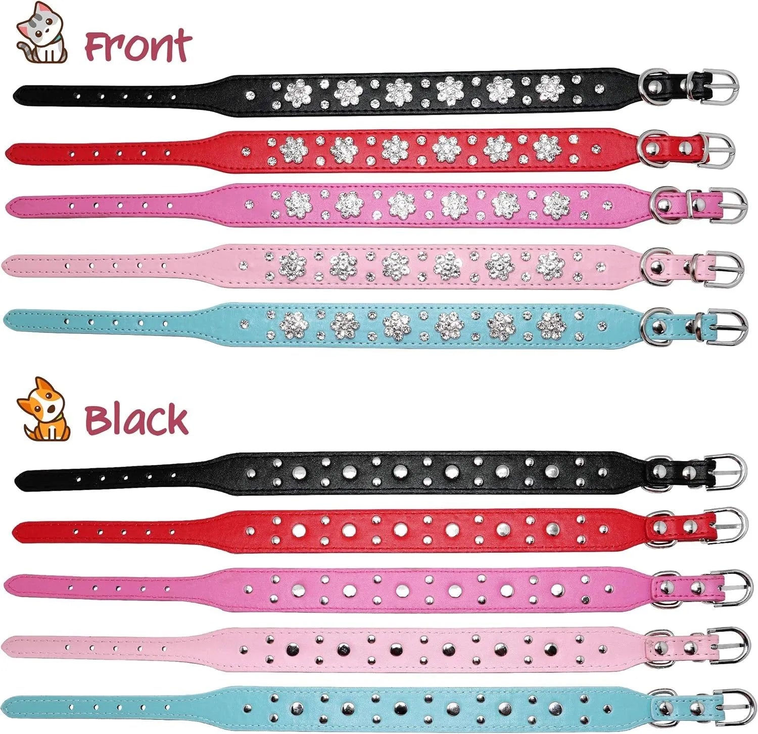 Soft black PU leather dog collar with a sparkling rhinestone flower pattern and silver metal studs, showing the adjustable eyelets and D-ring.