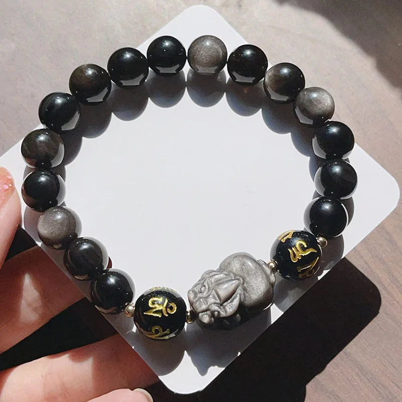 Men's natural silver stone zodiac bracelet with Chinese proverb beads