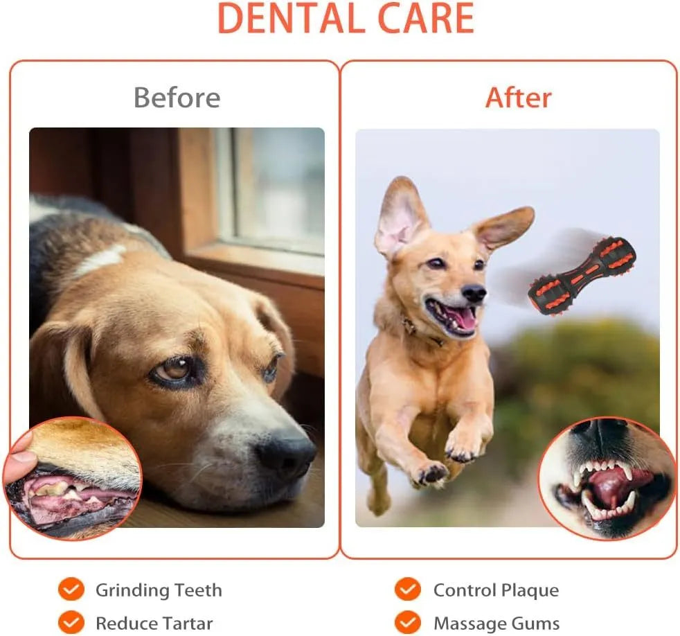 Red dumbbell-shaped rubber dog chew toy with textured surface for dental cleaning