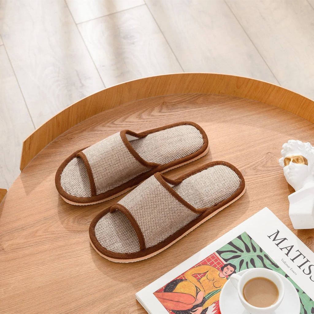 Women's linen open toe slippers in dark coffee and light brown with thickened sole