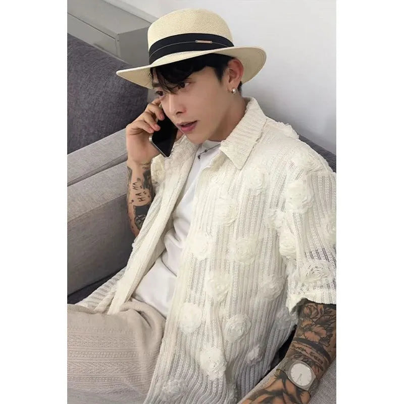 Heavy industry short-sleeved shirt with three-dimensional floral print in milky white and black polyester fabric