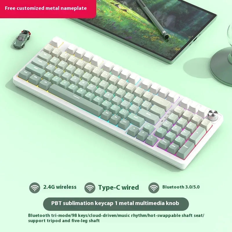 98 key wireless Bluetooth mechanical keyboard kit with metal knob on desk