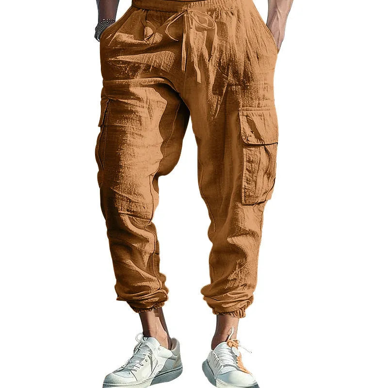 Men's ankle-tied linen casual trousers in Army Green with drawstring waist and multiple pockets
