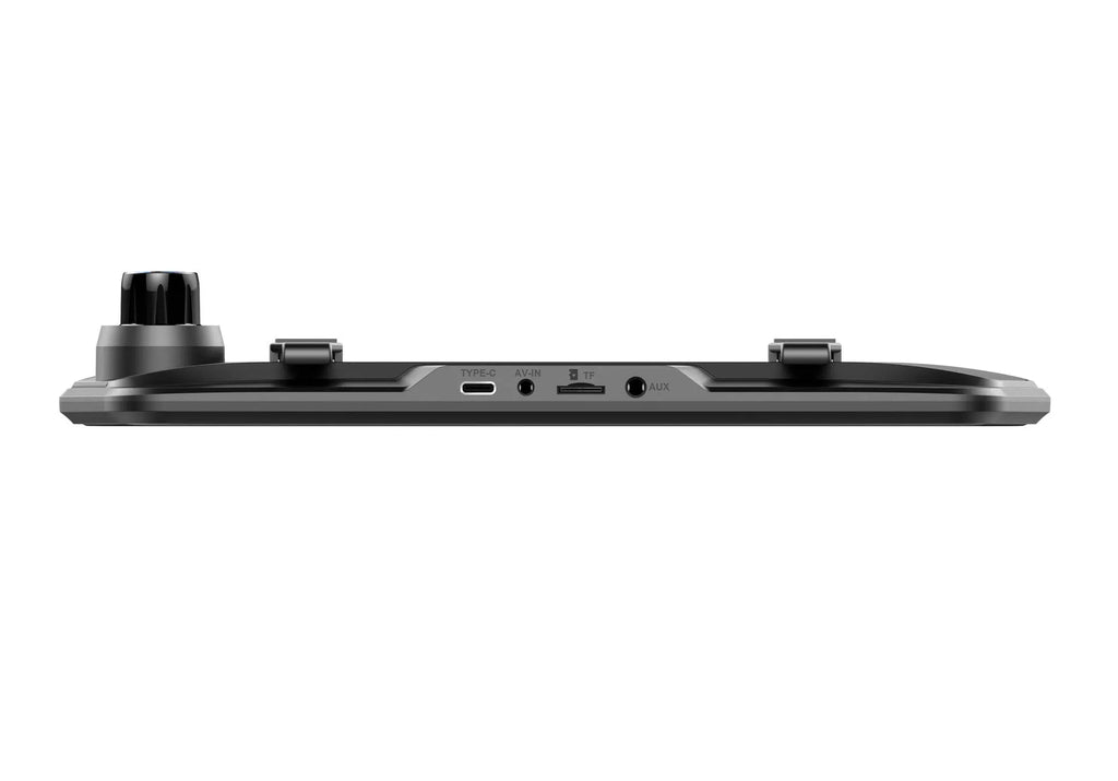 A black dual-lens dashboard camera with a large touchscreen display mounted on a car windshield.
